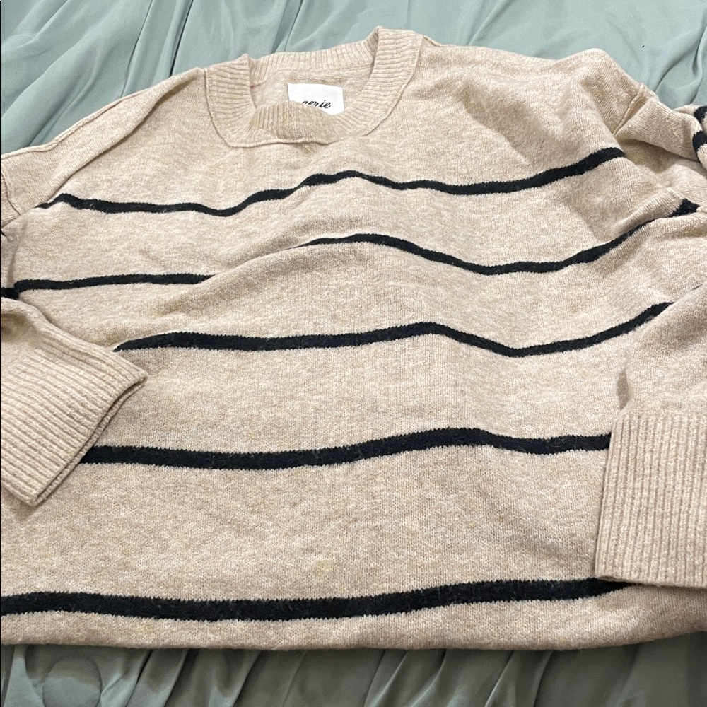 Aerie Tan and Black Striped Crewneck Sweater